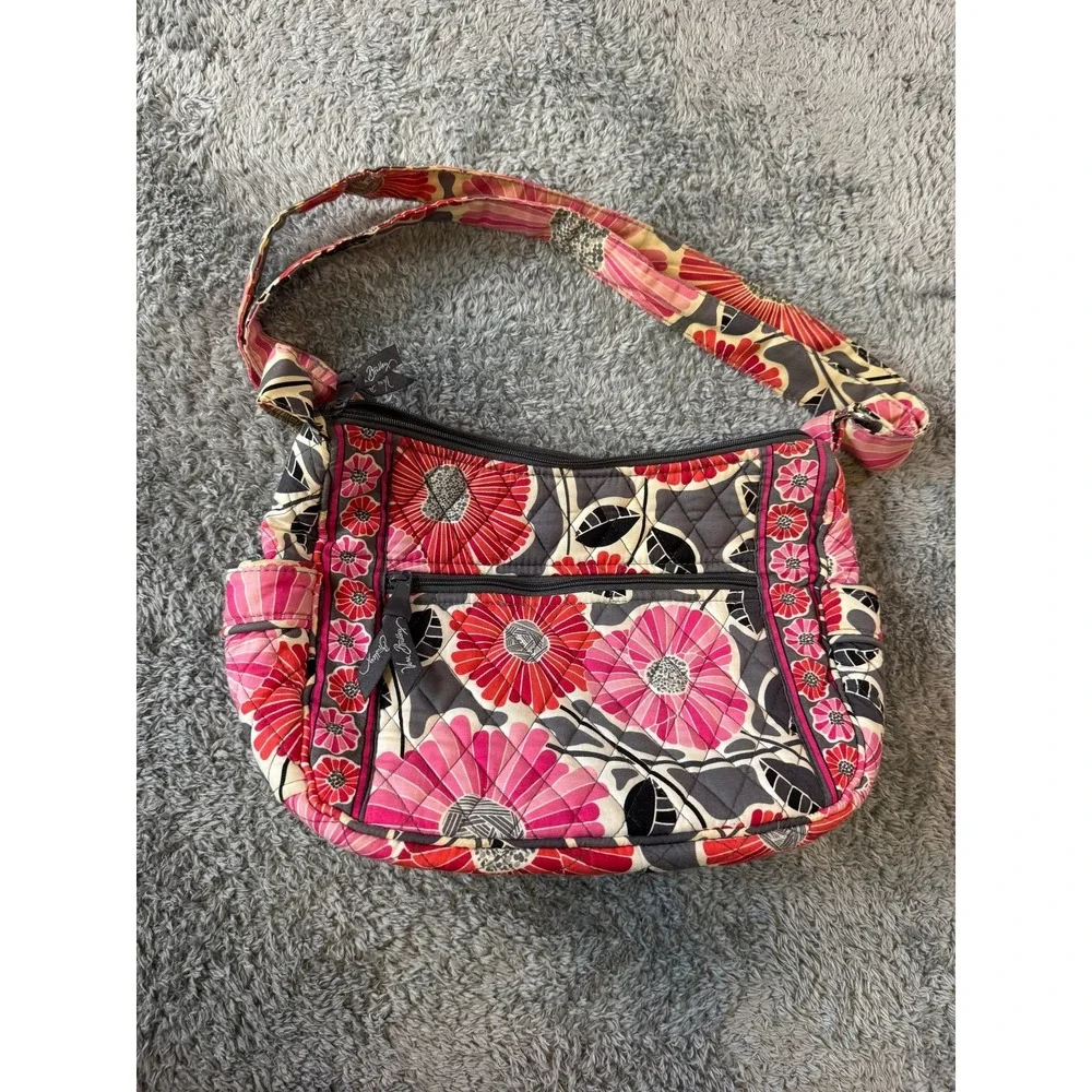 Vera Bradley Shoulder Bag Quilted Cotton Floral Pink Red Gray Hobo Purse